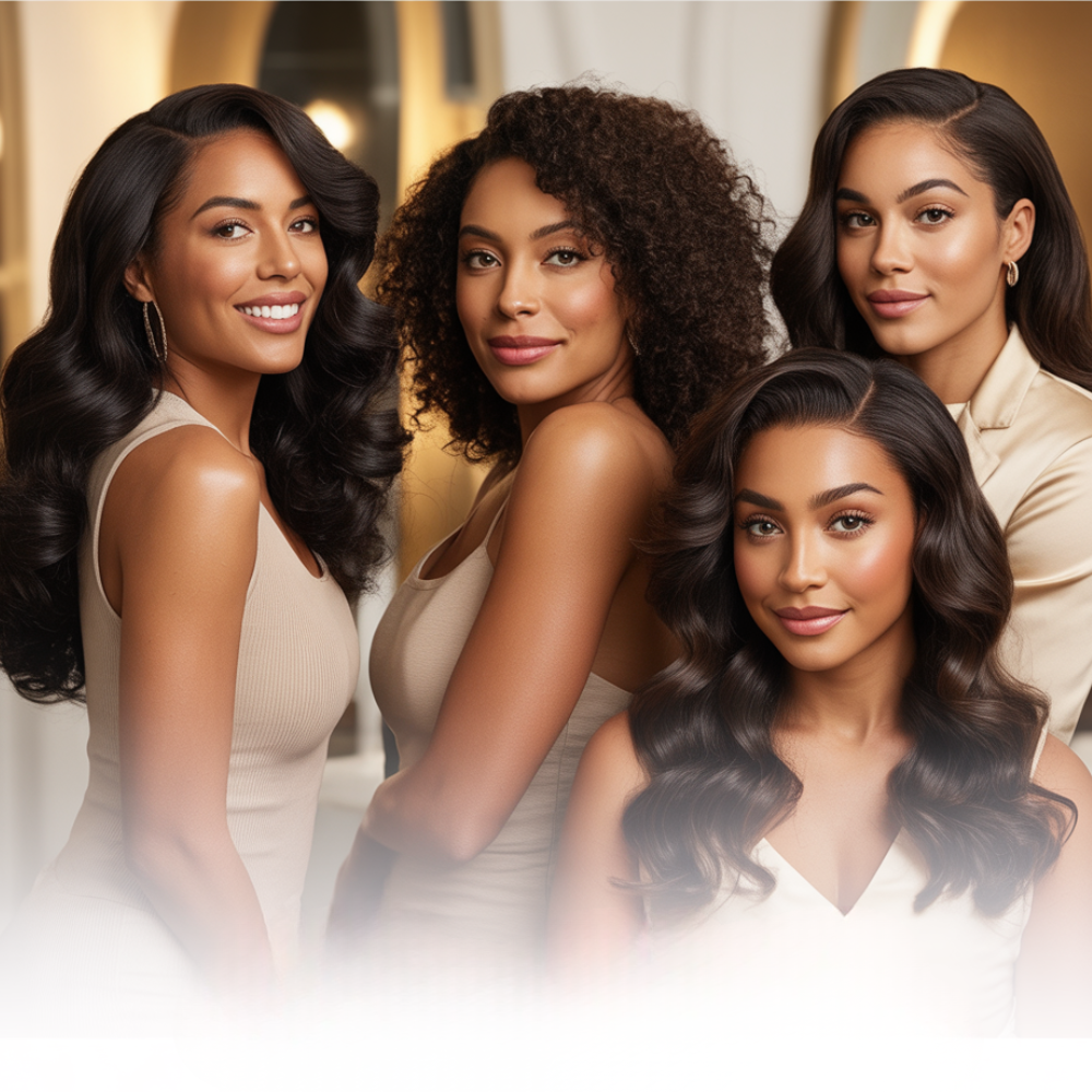 Four women with styled hair posing together against a neutral background